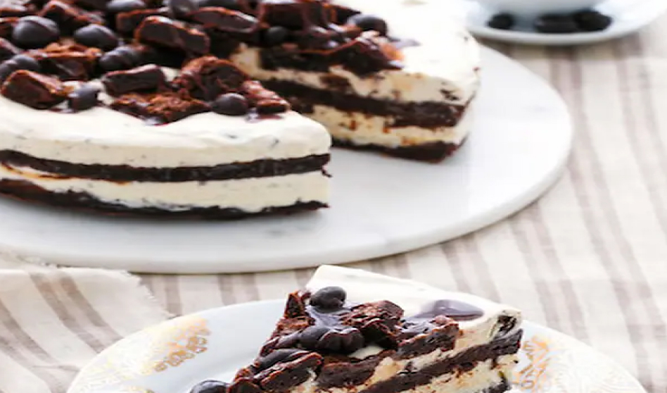 A layered chocolate and vanilla ice cream cake