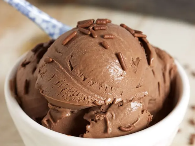Chocolate ice cream in a bowl.