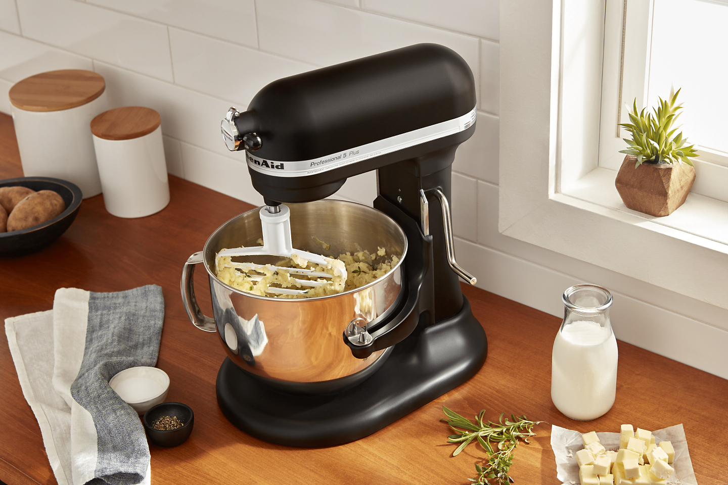 Mashed potatoes in a bowl-lift black stand mixer