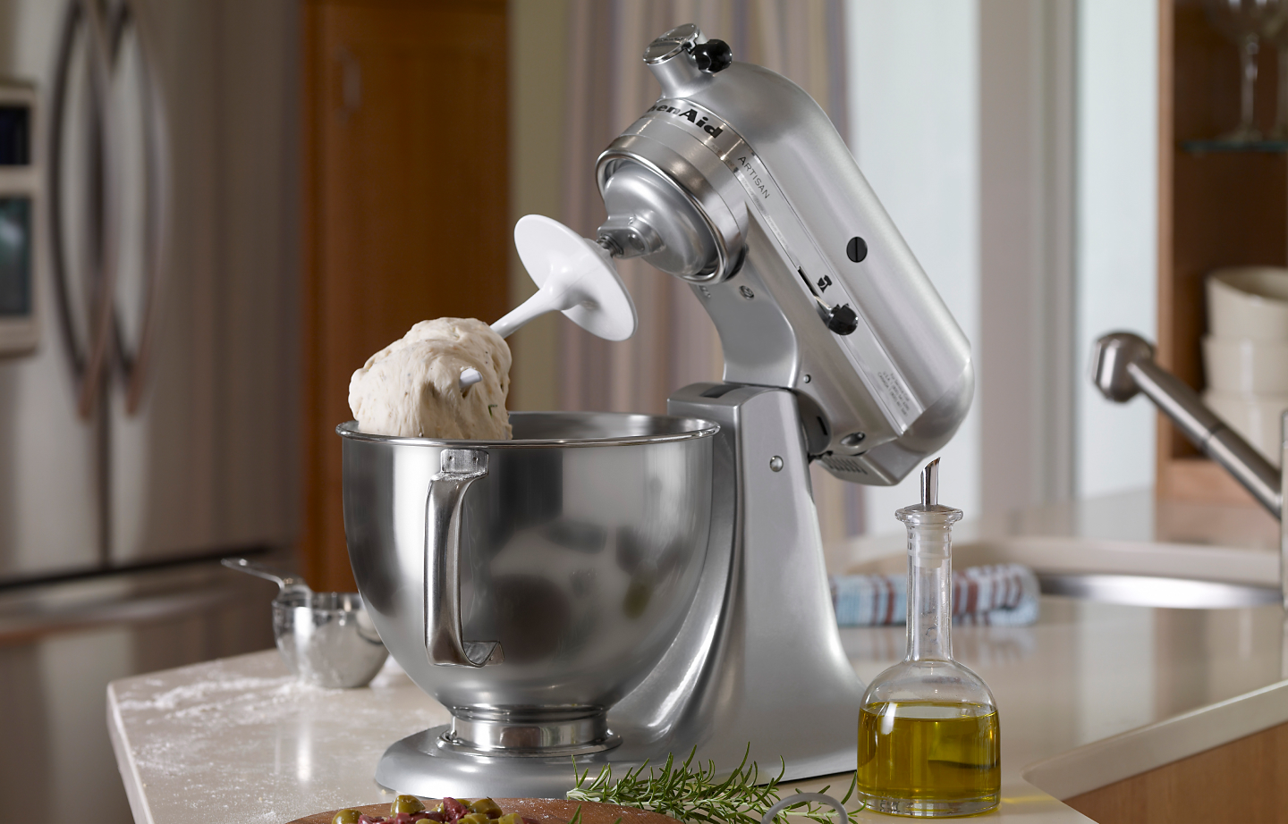 Dough on dough hook in KitchenAid® stand mixer