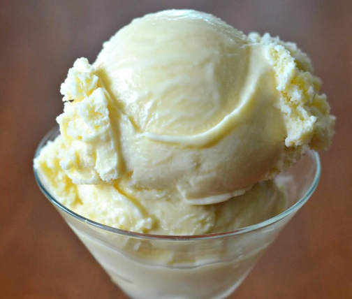 A glass with two scoops of homemade vanilla ice cream