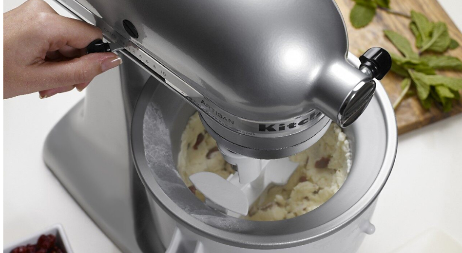 Ice cream churning inside a KitchenAid® Ice Cream Maker attachment bowl
