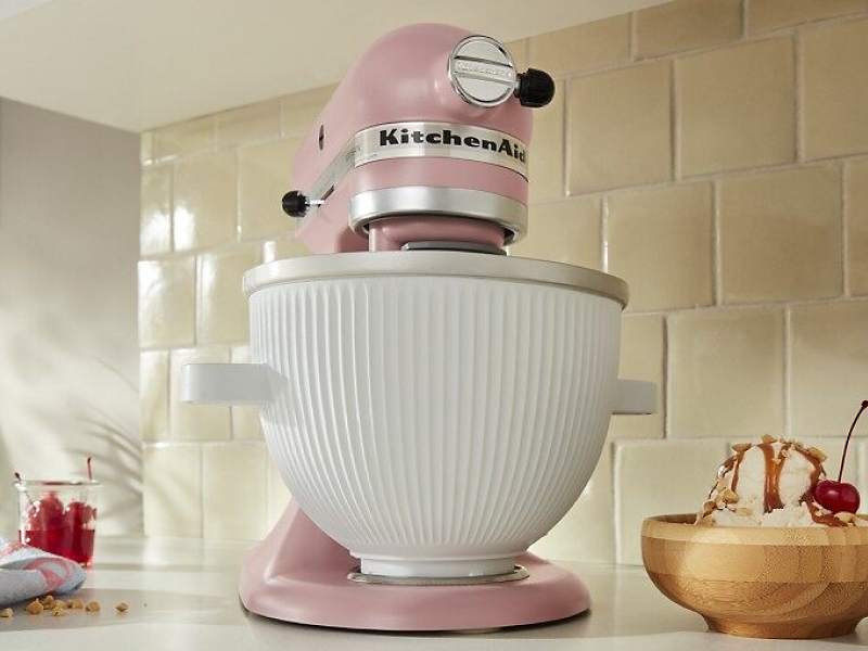 Pink KitchenAid® stand mixer next to ice cream sundae