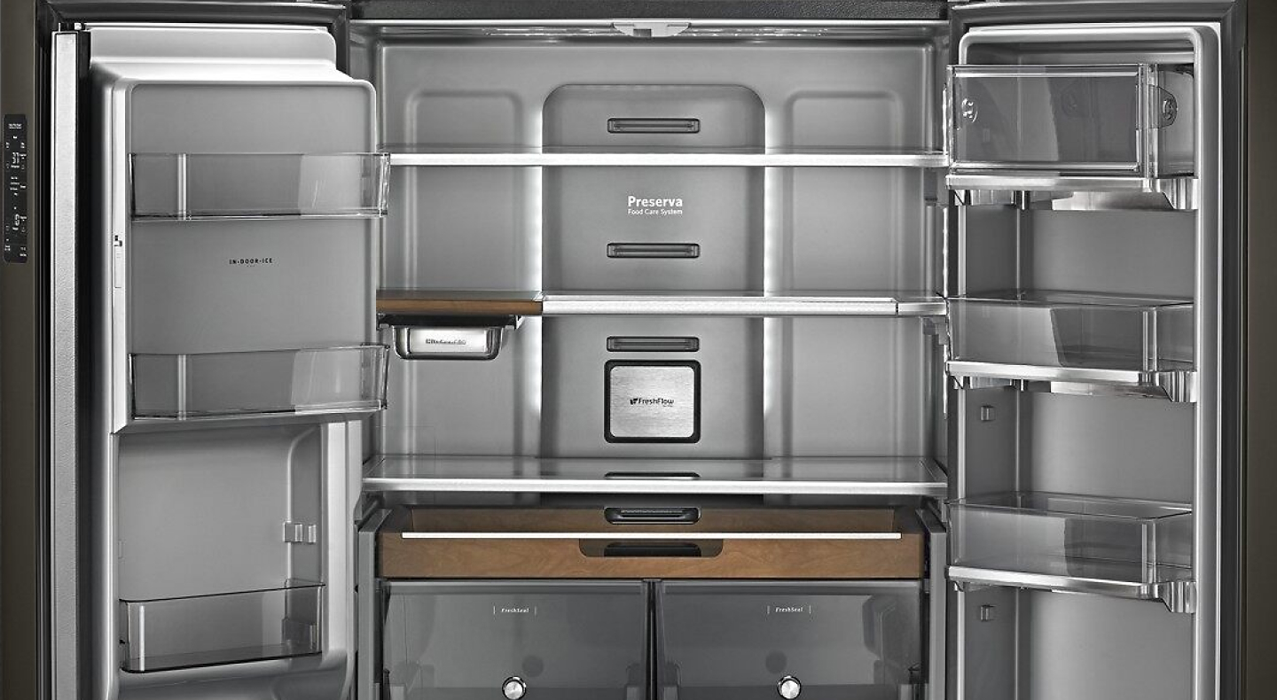 An empty KitchenAid® refrigerator.