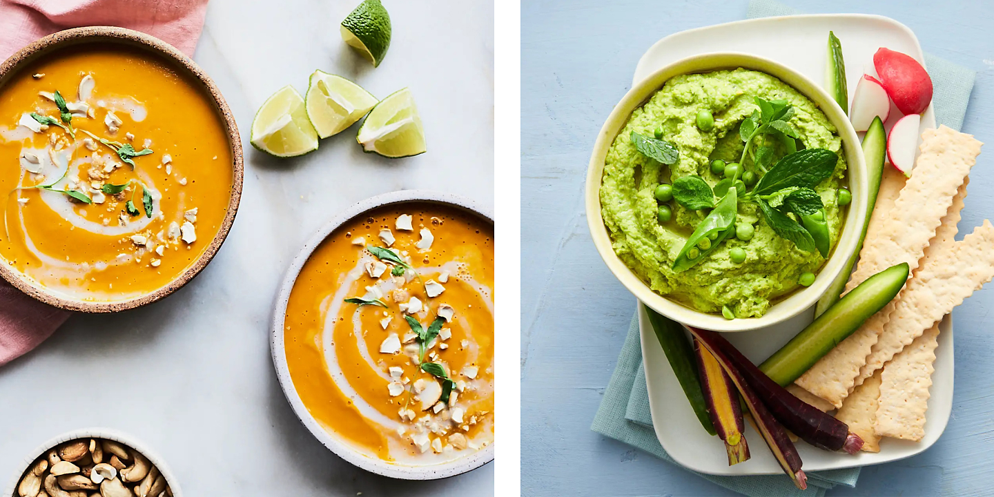Coconut Curry Carrot and Sweet Potato Soup, Green Pea & Mint Hummus