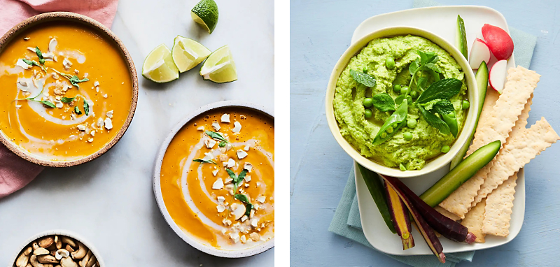 Coconut Curry Carrot and Sweet Potato Soup, Green Pea & Mint Hummus