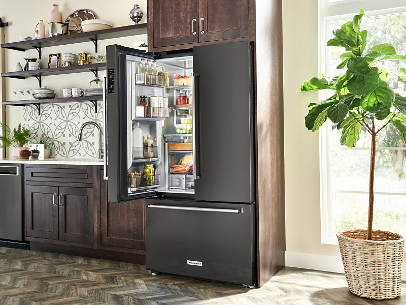 One side of french door refrigerator open