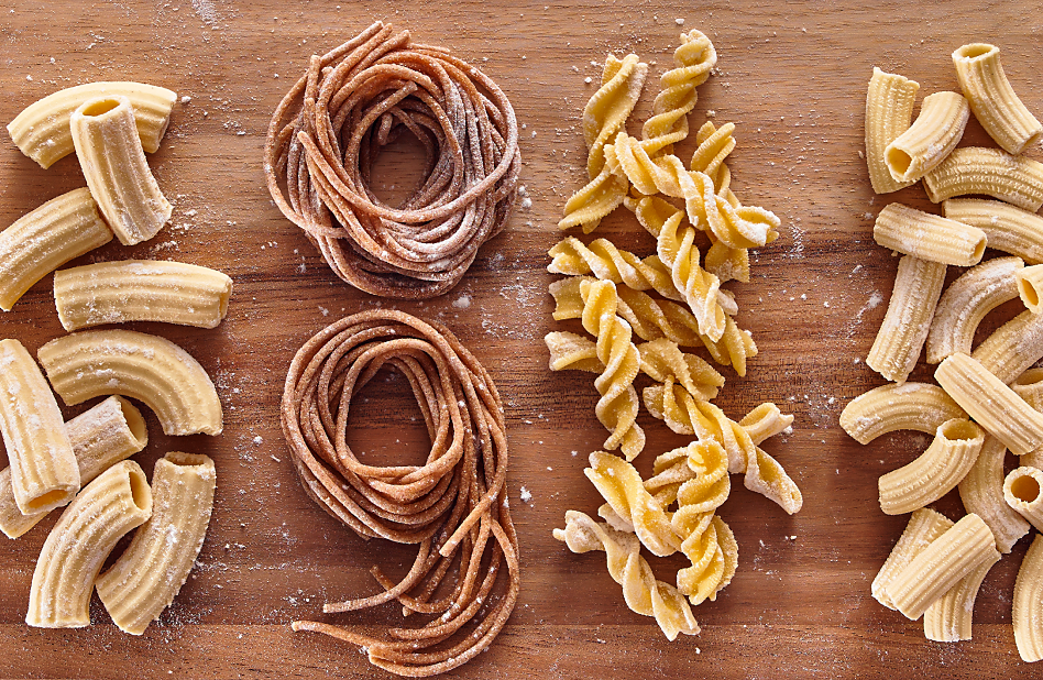 Homemade rigatoni, spaghetti and fusilli pasta shapes
