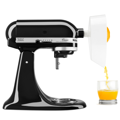 Orange juice made with a black KitchenAid® stand mixer with Citrus Juicer Attachment