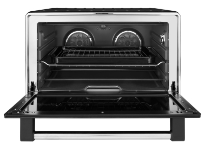 A front-view of a black KitchenAid® countertop oven