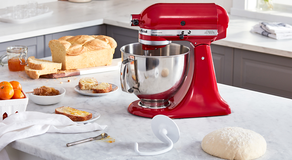 A red KitchenAid® stand mixer.