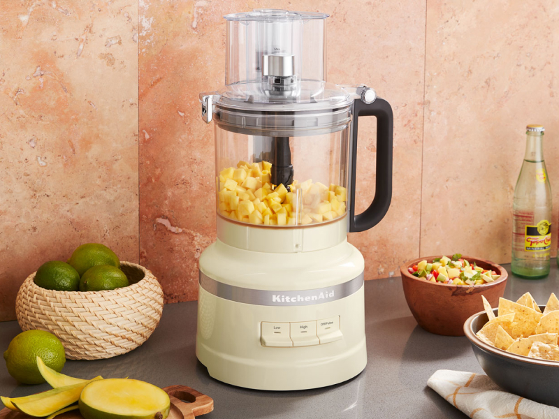 A food processor with shredded cabbage