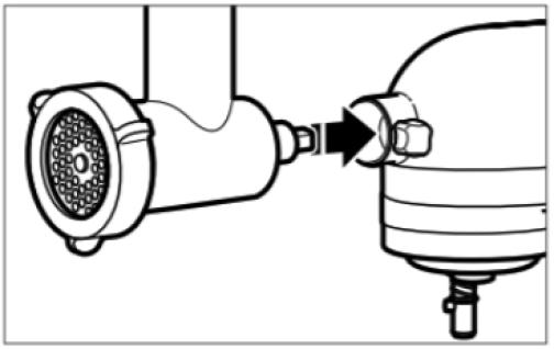 Illustration showing food grinder attachment lining up with stand mixer hub