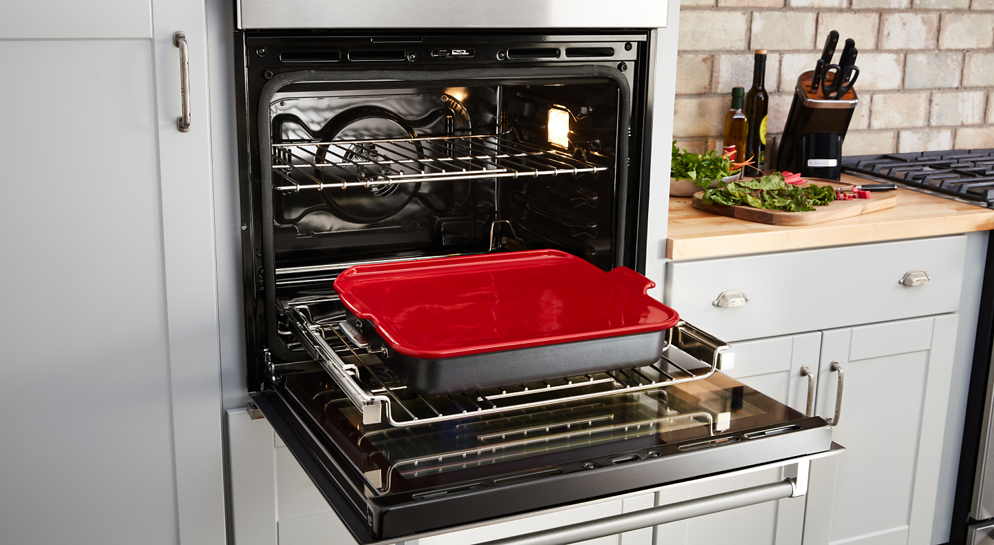 KitchenAid® Smart Oven+ open to reveal Baking Stone Attachment 