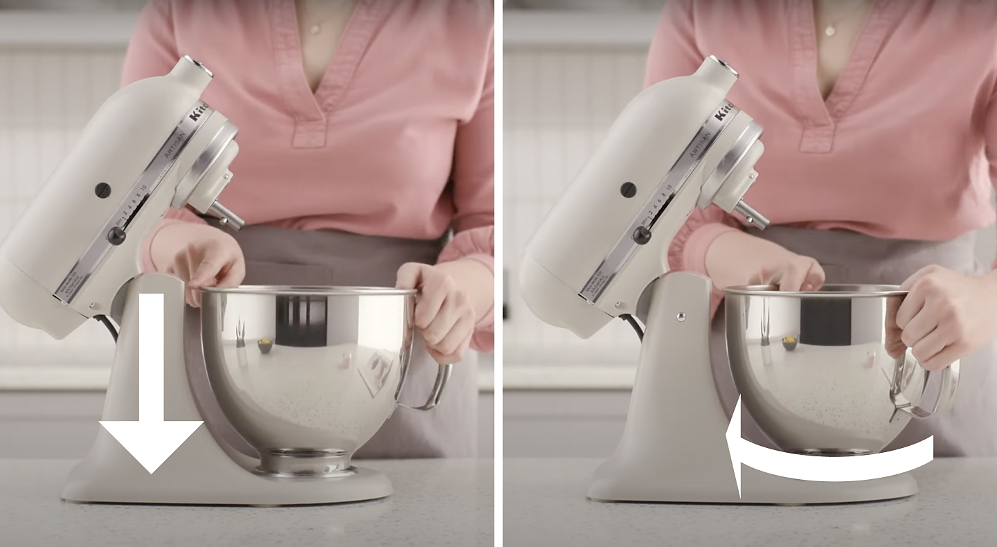 Infographic of person attaching mixing bowl to white stand mixer