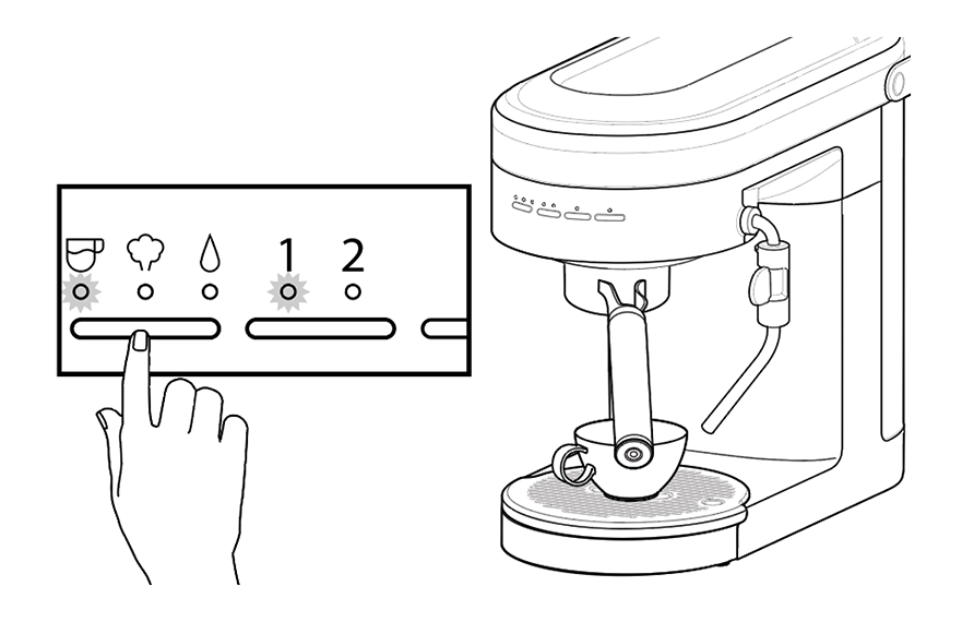 Illustration of hand pushing brew button to pull a shot of espresso