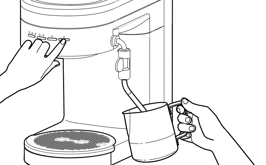 Hand holding pitcher of milk up to espresso machine steam wand