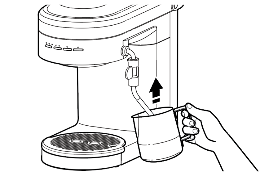 Illustration of hand inserting steam wand into milk pitcher