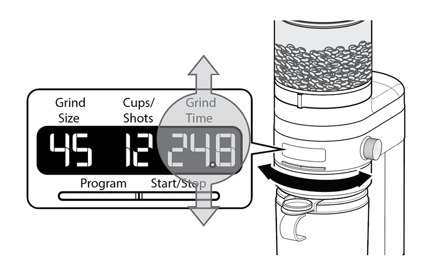  Illustration of beans in grinder and closeup of settings