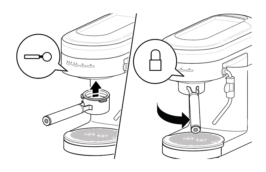 Illustration of espresso machine portafilter lock icons