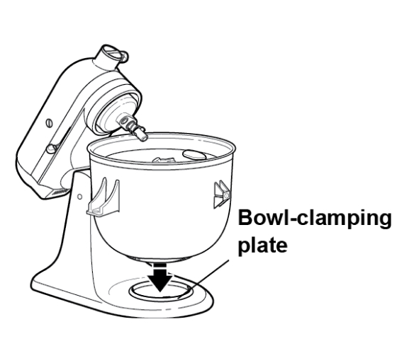 Freeze bowl being lowered onto stand mixer bowl-clamping plate with arrows