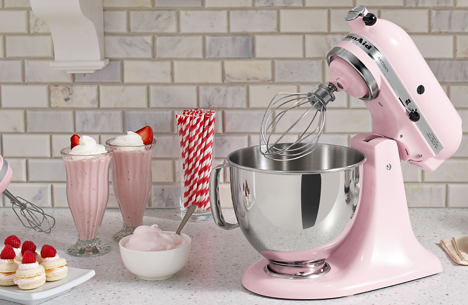  Pink stand mixer surrounded by homemade ice cream recipes