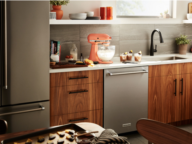 Orange KitchenAid® stand mixer on countertop