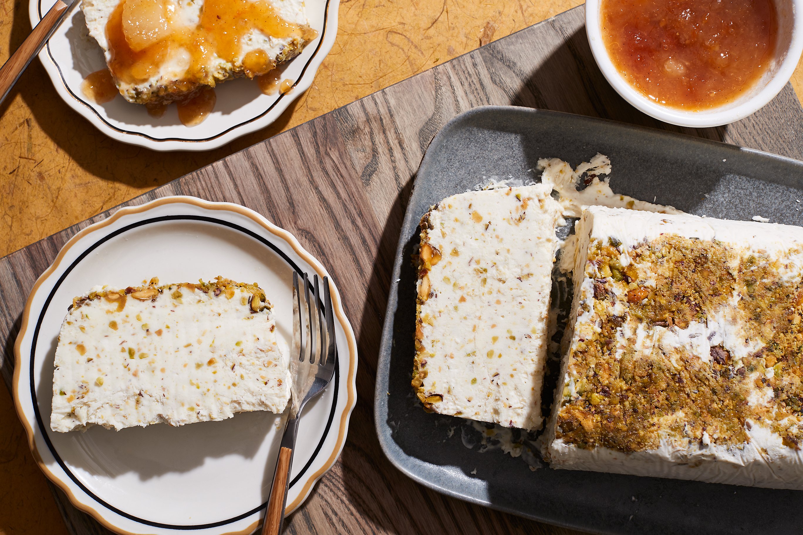 Pistachio lavender semifreddo on a rectangular, gray plate