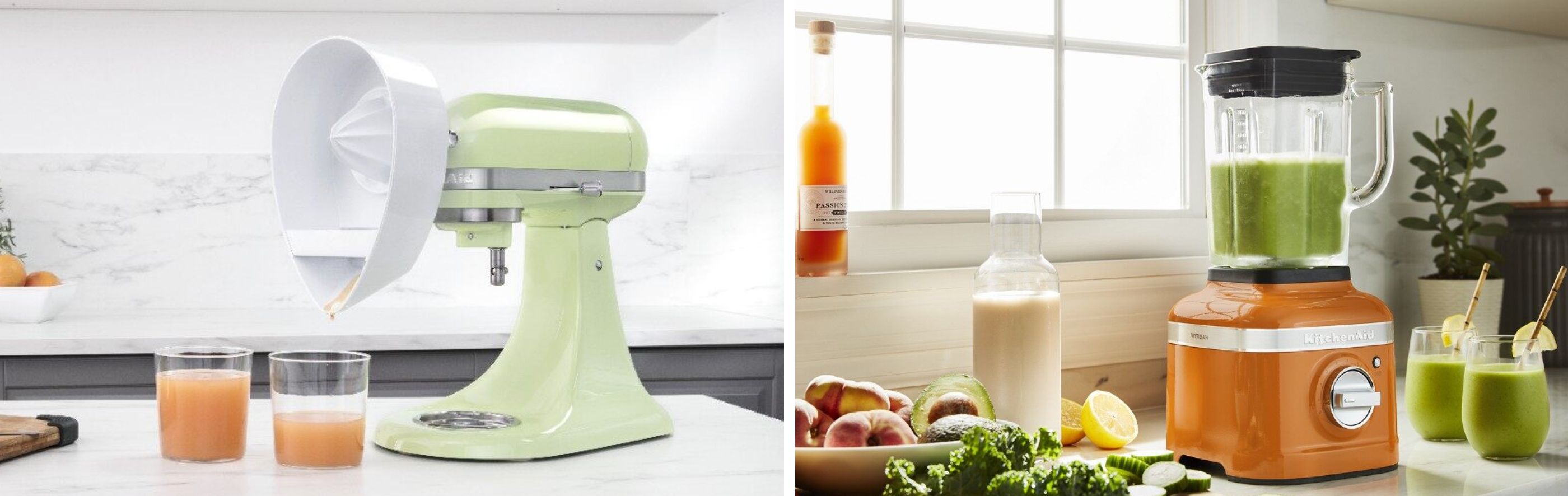 Comparison image of stand mixer with citrus juicer attachment and blender.