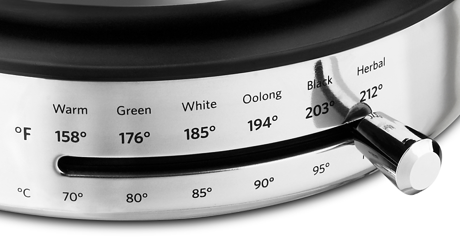 Base of electric tea kettle displaying temperature settings for different types of tea.