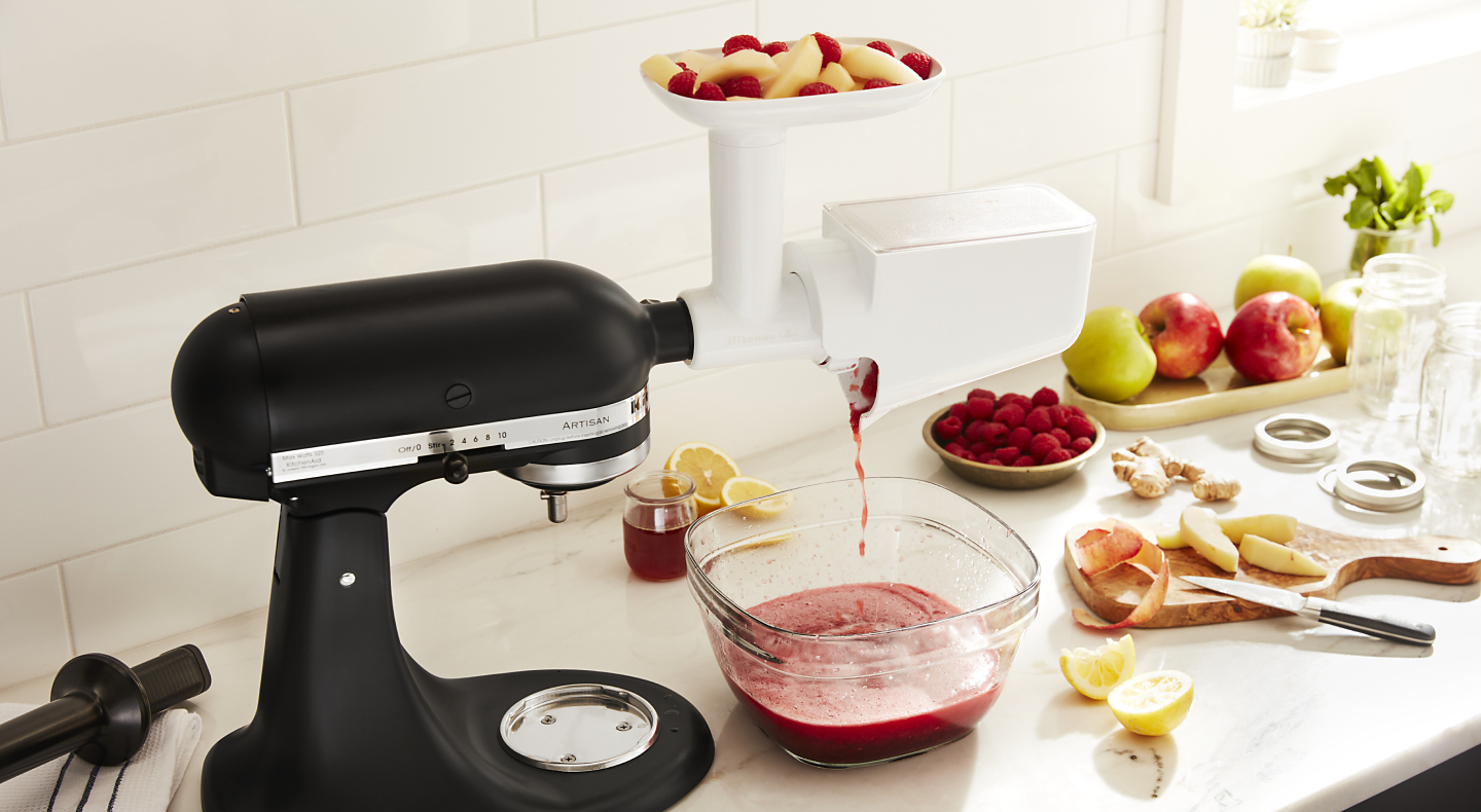 Pureeing fruit with KitchenAid®  stand mixer and KitchenAid® Fruit and Vegetable Strainer