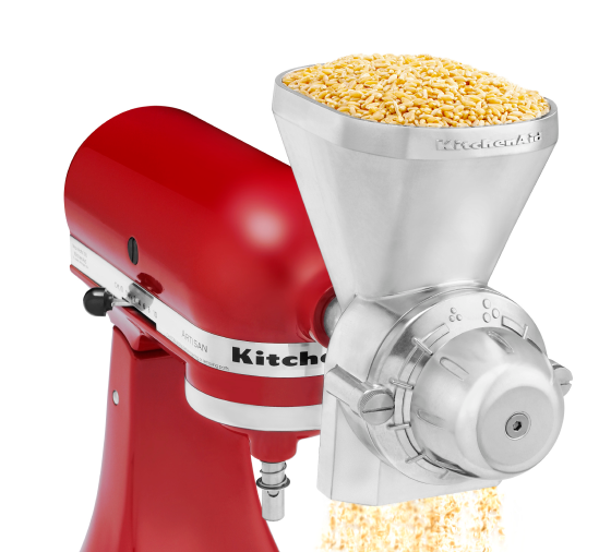 KitchenAid® All Metal Grain Mill attachment milling grain into flour