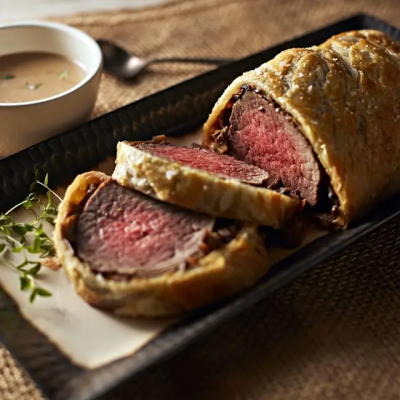 Beef wellington with a side of cognac sauce
