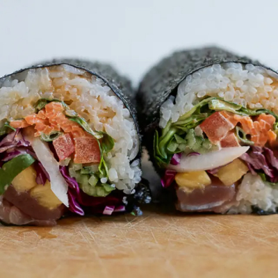 Closeup of a sushi burrito