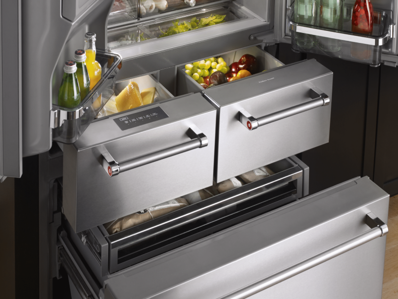 Humidity-controlled crisper drawers in a KitchenAid® refrigerator.