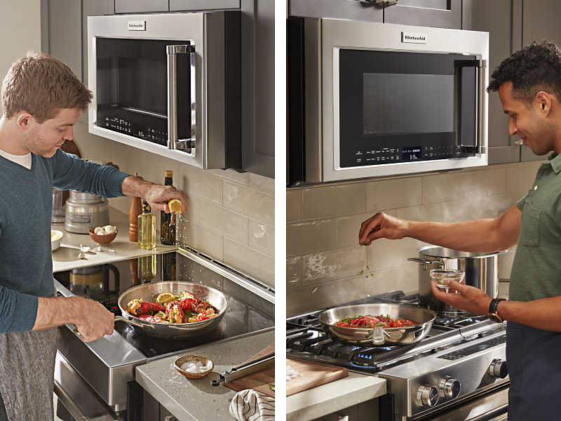Side-by-side images of men cooking on gas and electric stoves