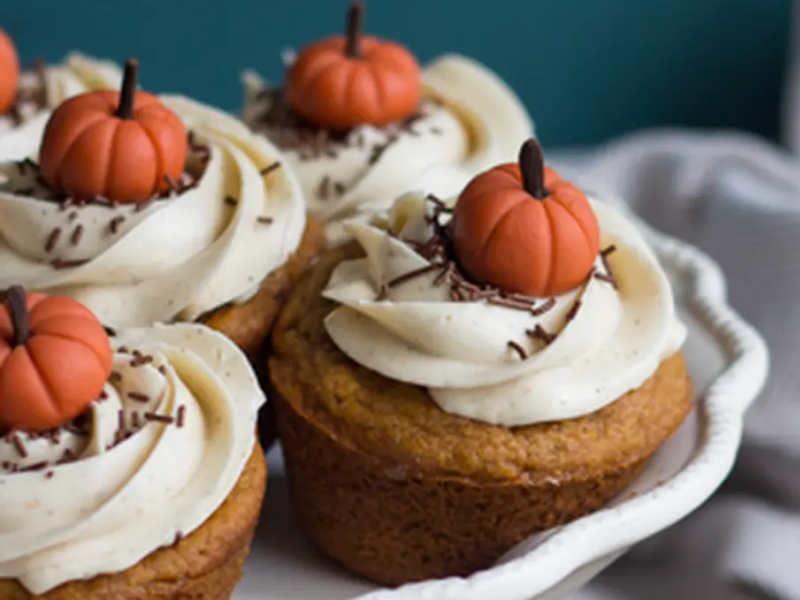 Close-up of pumpkin chai cupcakes with pumpkin candies on top