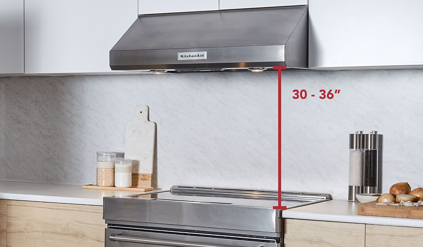 Stainless steel KitchenAid® range with range hood and measurements