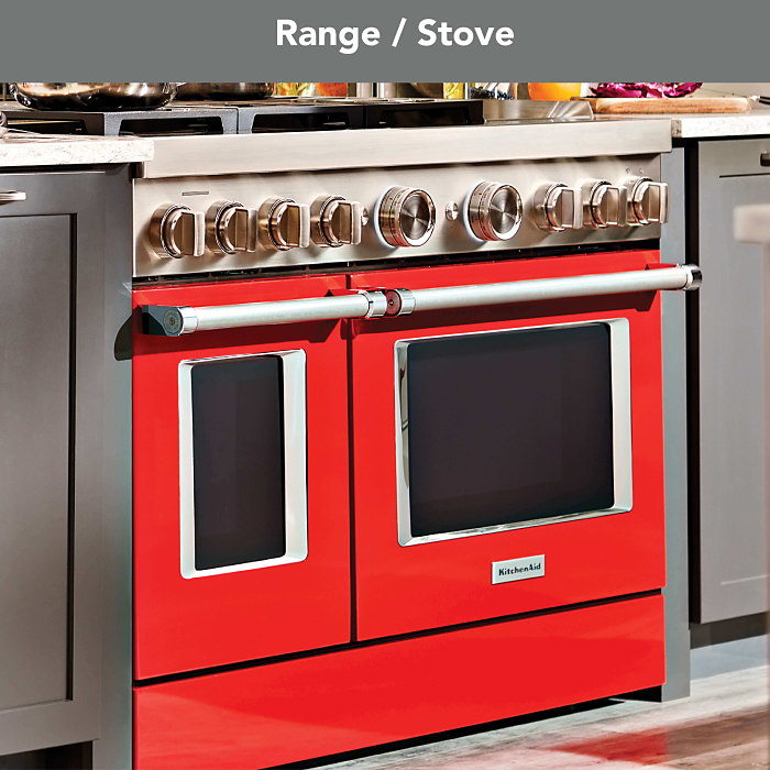 A red KitchenAid® range highlighted in a modern kitchen.