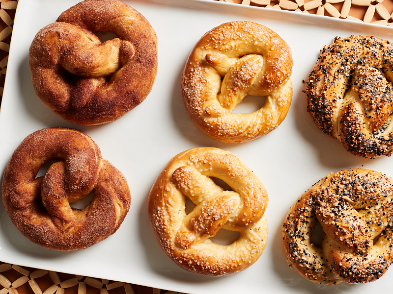 Platter of cinnamon sugar, salted and everything soft pretzels