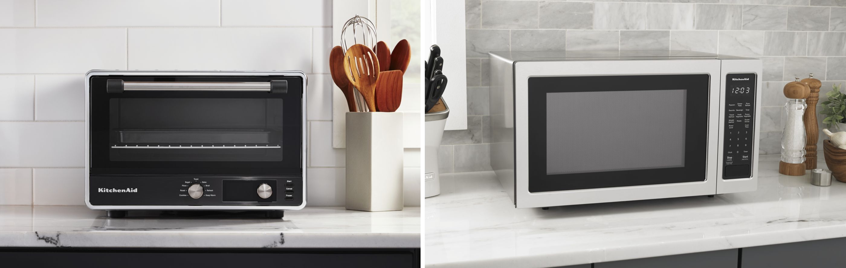 Side-by-side comparison of a black countertop oven and stainless steel countertop microwave
