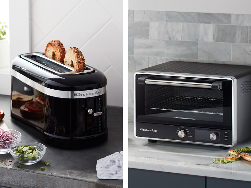 Black KitchenAid® toaster with bagels and KitchenAid® countertop oven
