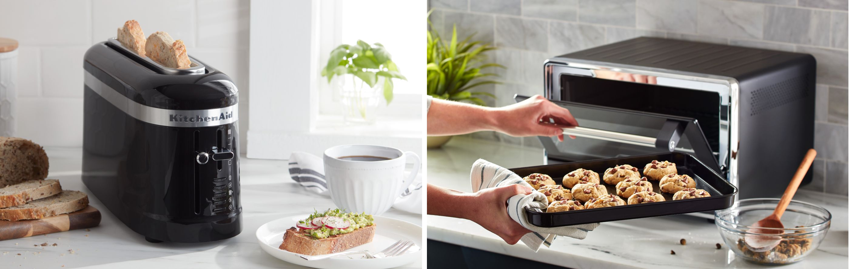A black KitchenAid® toaster and sandwich; a black KitchenAid® toaster oven and chocolate chip cookies