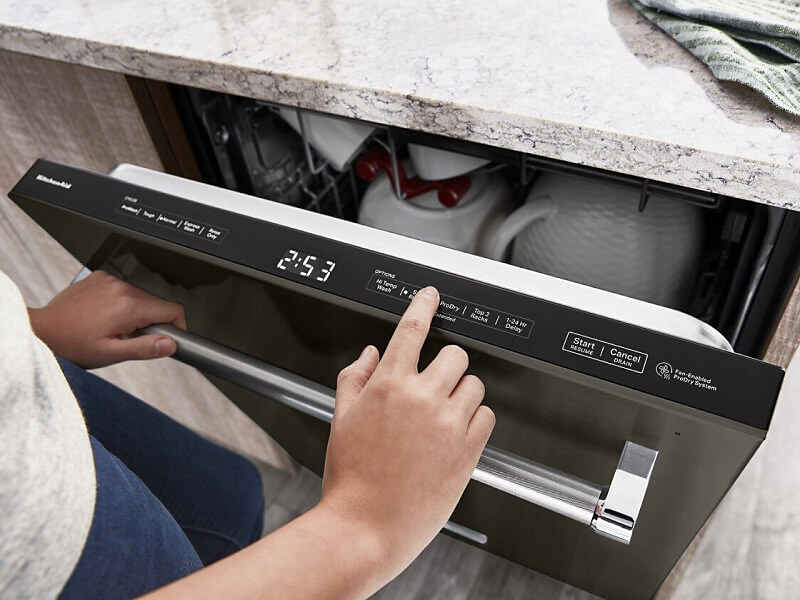 Close up of black KitchenAid® top control dishwasher door