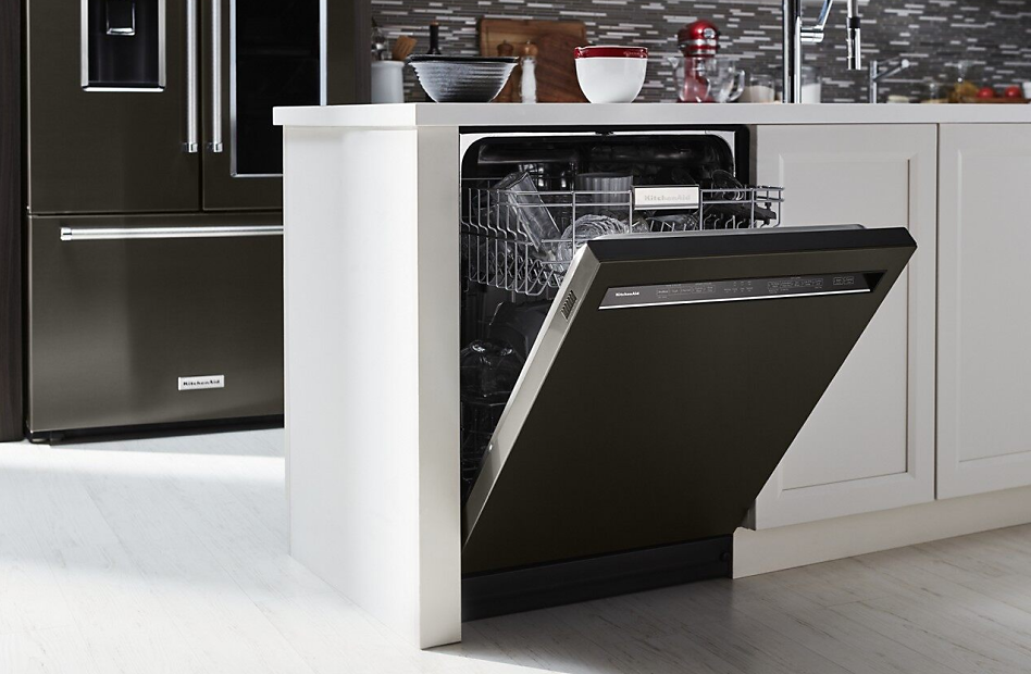 Opened stainless steel KitchenAid® front control dishwasher