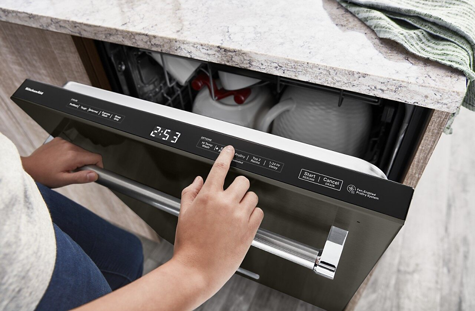 Close up of black KitchenAid® top control dishwasher door