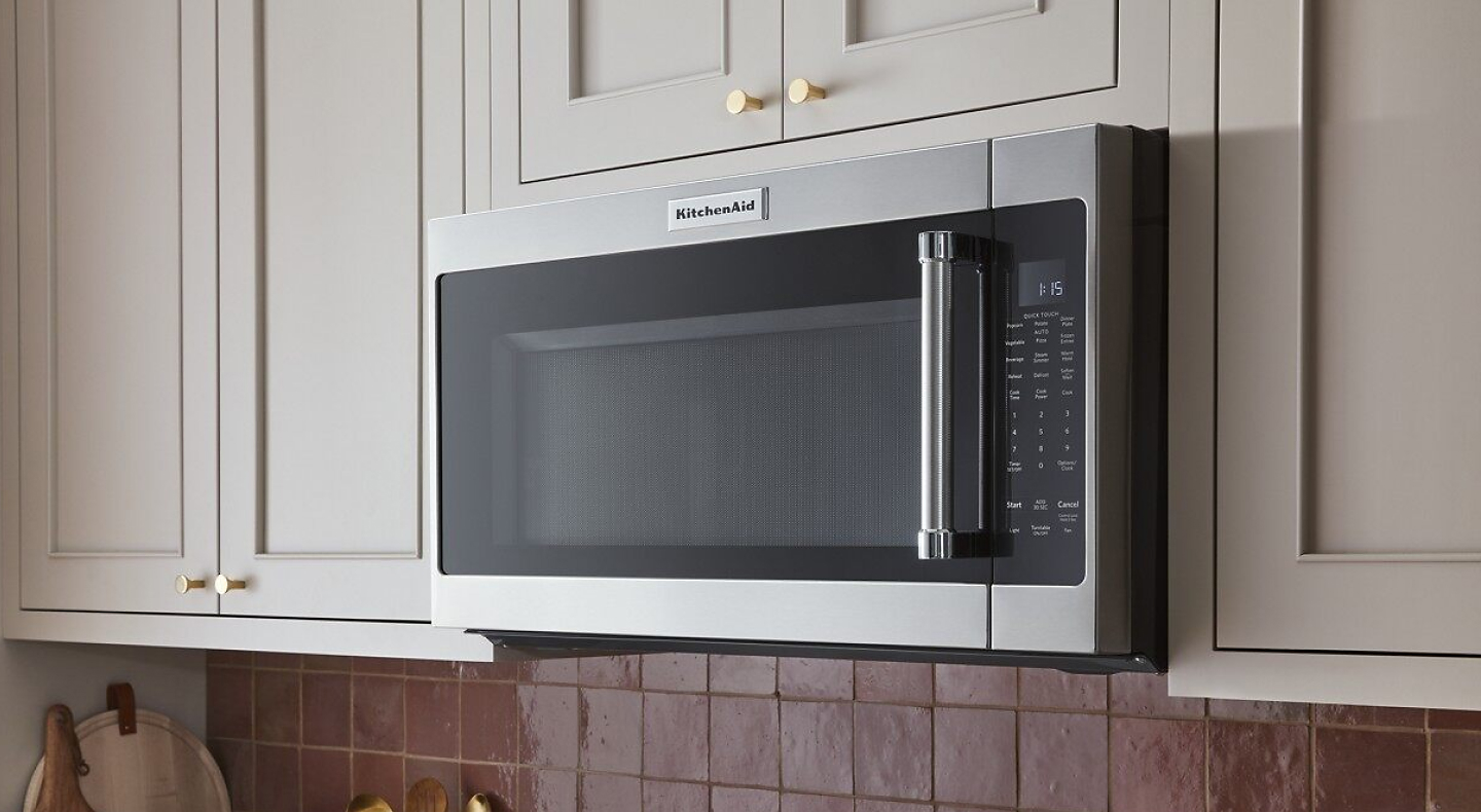 A KitchenAid over-the-range microwave