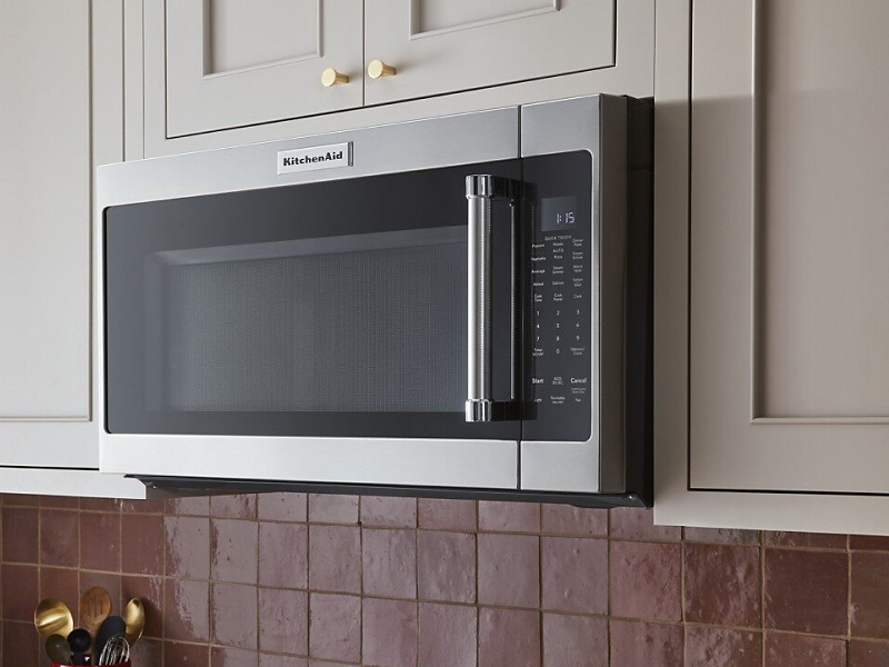 A KitchenAid over-the-range microwave