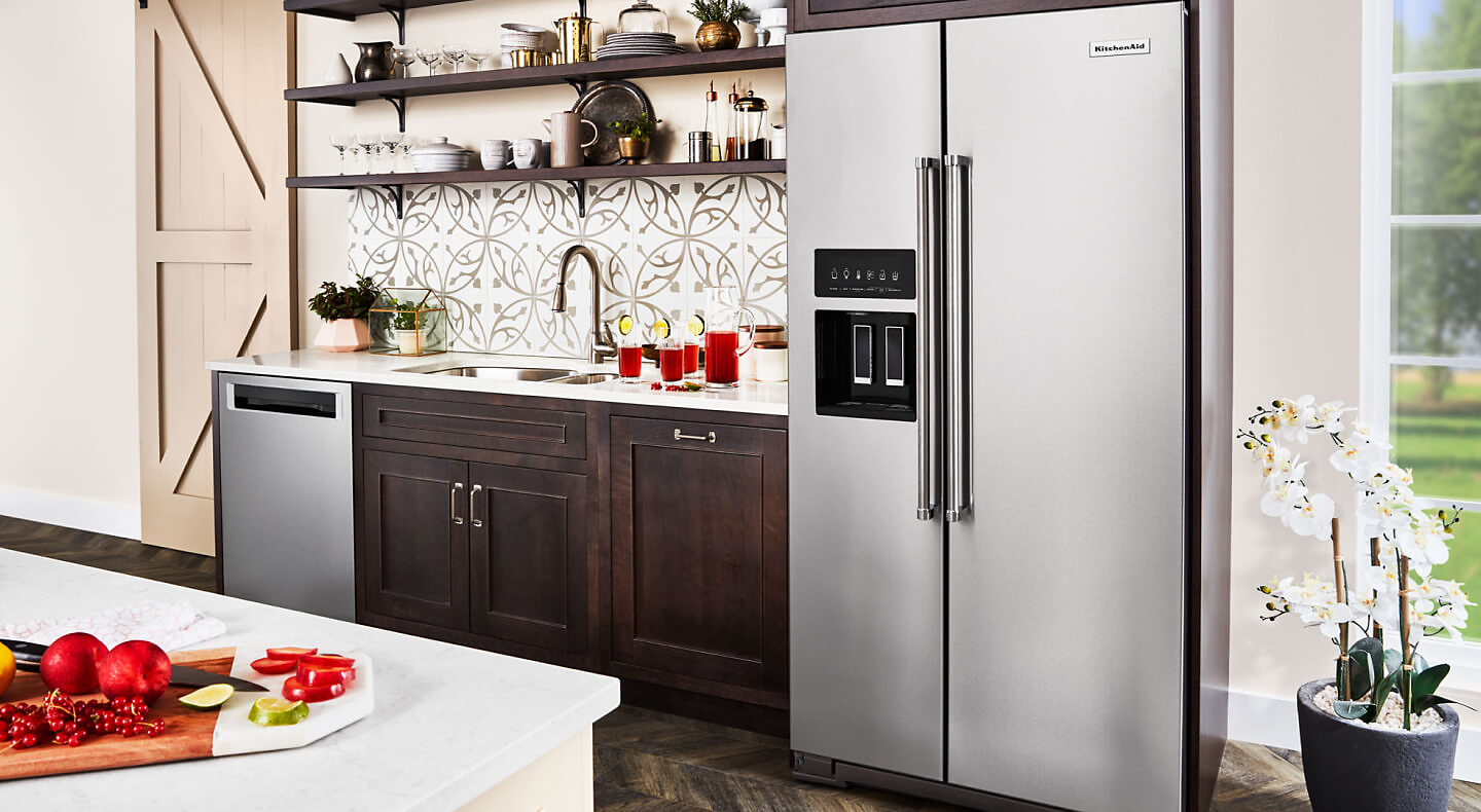 KitchenAid® side by side refrigerator in a kitchen
