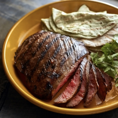 Sliced, grilled Tennessee steak on a plate with tortillas and herbs